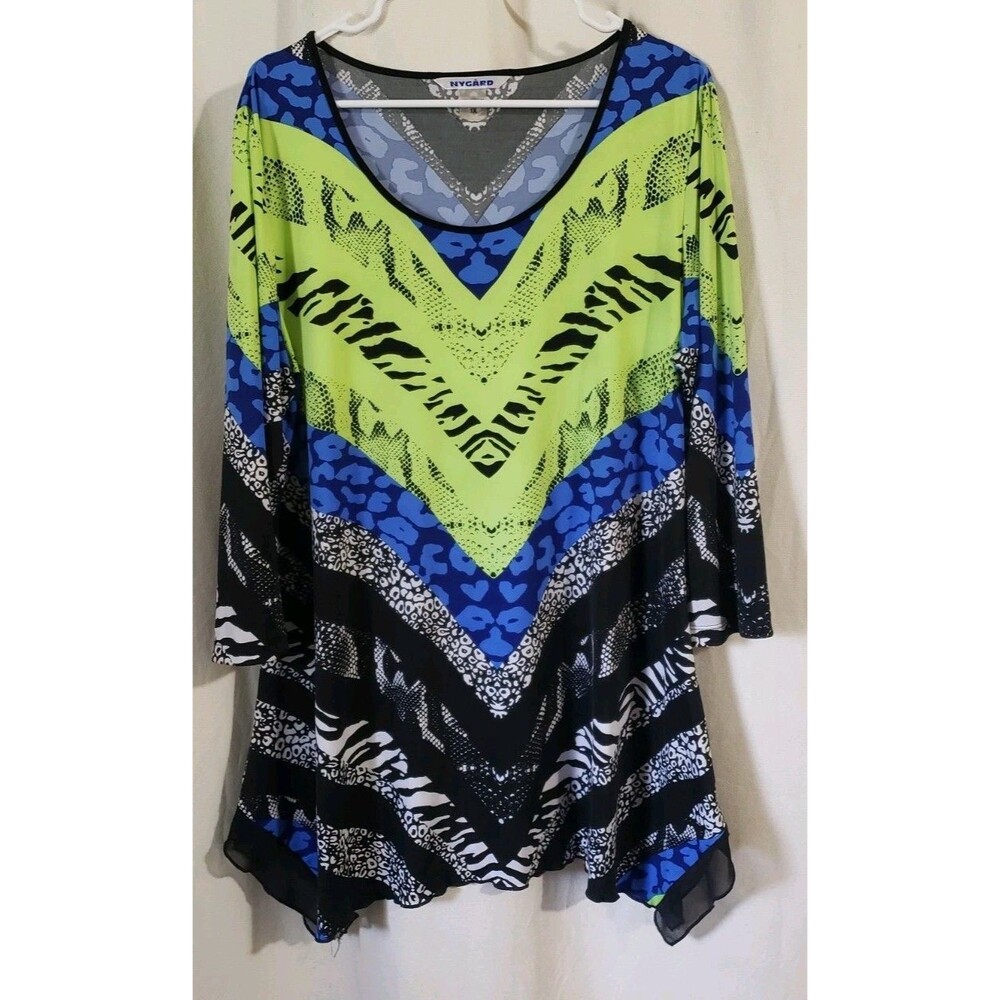 Nygard Women's 1X Tunic Top Black Blue Lime Animal Print Long Sleeve Chiffon